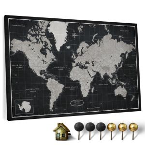 CANVASCALE Carte du monde en toile avec tableau d'affichage en liège - Labels en anglais - Décoration murale décorative pour toutes les pièces - Tableaux sur toile (70x50 cm, Motif 7) (canvascale_maps, neuf)
