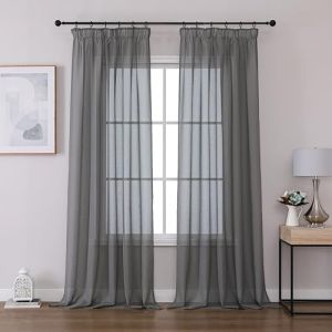 Joydeco Lot de 2 Rideau Voilage Gris 140x245cm avec Galon Fronceur pour Rail, Voilage Fen&ecirc;tre Semi-Transparent pour Filtrage de Lumi&egrave;re et D&eacute;coration de Chambre Salon (Crochets Non Inclus) (joydeco, neuf)