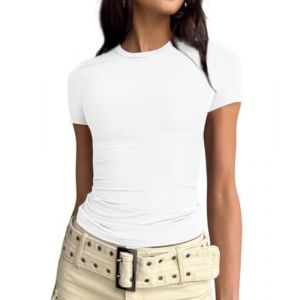 Cuptacc T-Shirt Slim Fit Chemisier Femme ete Col Rond Short Sleeve Compression Shirt Top Body V&ecirc;tements Femme Blanc XL (CuptaccFashion, neuf)