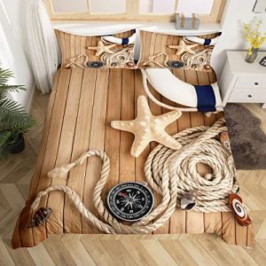 Plage Étoile de mer Parure de Lit 220x240cm Océan Marine Thème Housse de Couette Pour Enfants Enfants Adolescents Style En Bois Parure Housse de Couette Créatures de la Mer Chambre Décor 3Pcs (Bofanshangmao, neuf)