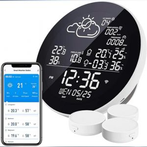YHUEGH Station m&eacute;t&eacute;o Intelligente WiFi avec t&eacute;l&eacute;commande Tuya APP et 3 capteurs, Compteur de temp&eacute;rature et d'humidit&eacute; int&eacute;rieure et ext&eacute;rieure, Horloge m&eacute;t&eacute;o &agrave; Grand &eacute;cran Couleur, barom&eacute;trique (ONGHAIJ, neuf)