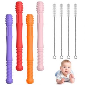 Vicloon Anneau dentition Silicone Dentition, 4pcs Jouets de Dentition Silicone avec 4 Brosse de nettoyage, Anneau de Dentitio Anneaux Refrigerant Jouet Calme Apaise Douleurs (Rose/Violet/Orange/Rouge) (HANSBUY, neuf)