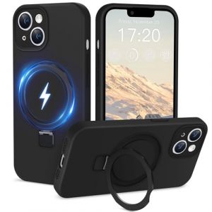 HuwaiH Coque Silicone Liquide pour iPhone 13 avec Support d'anneau magn&eacute;tique, Protection Cam&eacute;ra Renforc&eacute;e, pour Une Prise en Main Confortable, R&eacute;sistance aux Chocs, Noir (Zhimingeu, neuf)