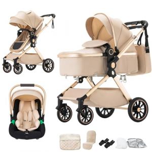 BEBBY Poussettes 3 en 1 Combin&eacute;es Poussette Poussettes Combin&eacute;e Portable Poussette Canne Paysage Haut Cadre en Aluminium Nouveau-n&eacute; 0-36 (U9-X-BEIGE, U9-X-Poign&eacute;es bidirectionnelles) (BEBBY, neuf)