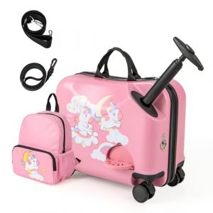 DREAMADE Valise Enfant à roulettes 18" et Sac à Dos 12" avec Repose-Pieds&Coque Rigide,Bagage à Main Enfant 3+Ans avec Bandoulière Réglable pour Fille et Garçon，Charge 50KG+8KG (Licorne+Lune) (DREAMADE, neuf)
