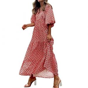 NNGOTD Robe D Ete pour Femme Mi Longue Robe de Plage Mini Dress en Mousseline Robe Femmes Col en V El&eacute;gante Imprim&eacute; Floral Robe Boh&egrave;me Manches Courtes Robe d'&eacute;t&eacute; Robe Manche Longue Femme (BAULMD（90% Big Promotion Without Discount Code ）, neuf)
