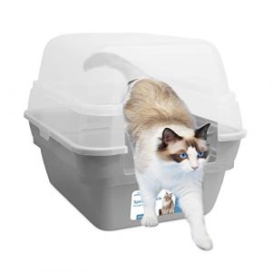Petfamily Bac à litière pliable 3 en 1 avec couvercle transparent, grande cuvette pour chat avec design anti-fuite, bac à litière spacieux pour plusieurs chats, gris (Luckly Phabet, neuf)