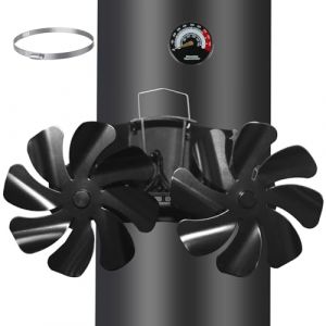 Tomersun Ventilateur de cheminée magnétique, sans électricité, avec 16 pales, ventilateur de cheminée silencieux, pour bois, bois de chauffage, foyer, tuyau de poêle avec thermomètre et 1 pièce (VODA stove  accessory K, neuf)