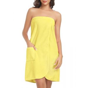 Lovasy Robe Serviette de Bain Femme Peignoir Enveloppant Grande Serviette de Spa avec Boutons R&eacute;glables Par&eacute;o de Bain Douce L&eacute;ger Kilt de Sauna avec Poche,A-Jaune,S/M (Lovasy Direct, neuf)