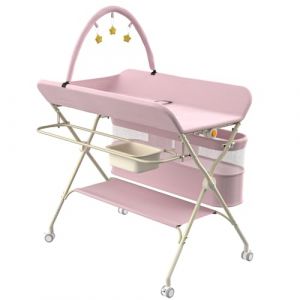 Table &agrave; Langer, Pliable, Harnais et Barri&egrave;re de S&eacute;curit&eacute;, Rangement, R&eacute;glable en Hauteur, Jusqu'&agrave; 15 kg, 0-36 Mois, Organiseur de Couches, Roulettes 360&deg; avec Frein, 75 * 68 * 83-91cm (B) Rose (Hechheu, neuf)