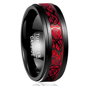 NUNCAD Bague Homme en Carbure de Tungstène, Anneau Dragon Celtique Style Gothique, 8 mm, Alliance de Mariage Rouge et Noir Taille 58(18.5) (NUNCAD FR, neuf)