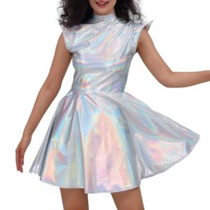Robe M&eacute;tallique pour Femmes Mini Robe Brillante Pliss&eacute;e Robes Extraterrestr Robes De Soir&eacute;e Rave Clubwear Disco Dancewear Costume De Cosplay (Miuiakoal, neuf)