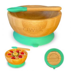 AWIIK Petit bol en bambou avec ventouse puissante pour b&eacute;b&eacute;s et tout-petits. Bol BLW en bambou antid&eacute;rapant avec ventouse anti-retournement pour apprendre &agrave; manger BLW (Bowl_Green) (AWIIK, neuf)