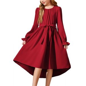 Arshiner Robe pour Fille Robe de Fête en Mousseline de Soie Rouge Robe de Soirée élégante Robe de Noël Enfants Manches Lanternes Robe d'automne Vêtements avec Poche 9-10 Ans (Arshiner Store, neuf)