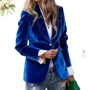 Blazer en velours d&eacute;contract&eacute; pour femme - Veste boutonn&eacute;e vintage &agrave; manches longues - Blazer en velours pour femme, bleu marine, L (FITPOST, neuf)