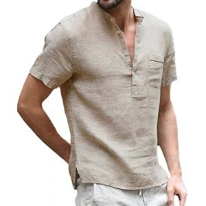 Chemise Lin Homme Manche Courte Col Mao Chemise &Eacute;t&eacute; Homme Leger en Coton Lin Chemise &agrave; Manches Courtes pour Hommes Chemise de Couleur Unie d&eacute;contract&eacute;e d'&eacute;t&eacute; Chemise (Cozyan, neuf)