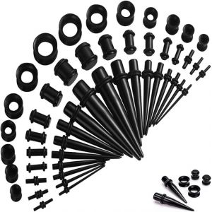 50 pièces Ecarteur Oreilles Silicone Jauges Elargissement 1.6-10mm Kit d'étirement Oreille, Tunnel Oreille Plug Oreille, Poids Oreille Ecarteur, Kit Ecarteur Oreille Acrylique Extension d'oreille Noir (CGunF, neuf)