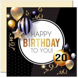 Carte d'anniversaire 20 ans pour homme et femme &ndash; Ballons dor&eacute;s et noirs &ndash; Cartes d'anniversaire pour homme de 20 ans, vingt ans, fils, ami, neveu, cousin, fr&egrave;re, papa, oncle, s&oelig;ur, ni&egrave;ce, petit-fils (Purple Fox Gifts, neuf)
