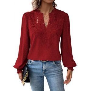 TUUHAW Tunique Femme Grande Taille Chemise Femme Chic et &Eacute;l&eacute;gant Manches Longues Boh&egrave;me Top Col en V D&eacute;contract&eacute; T-Shirts Automne Fluide &agrave; Point Suisse Dentelle Festonn&eacute;e Haut Rouge XXL (TROFANO, neuf)