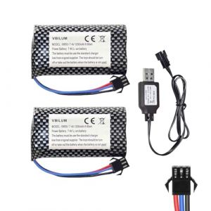 Batterie Voiture RC 7,4V 1200mAh SM-3P Plug pour Huina 1575 Camion RC DE43 DE60 Voiture RC MN99s MN99 MN98 MN78 SGP06 Jeep T&eacute;l&eacute;command&eacute;e Lithium-ION Batterie avec c&acirc;ble Chargeur (B) (OMIVS Store, neuf)