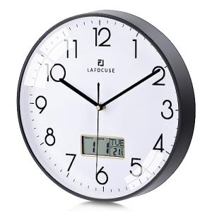 Lafocuse 30cm Horloge Murale Calendrier LCD avec Date Thermomètre, Moderne Silencieuse Pendule Murale Noir, sans Tic-tac Déco pour Salon Chambre Bureau Cuisine (QuareBest, neuf)