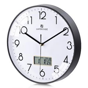 Lafocuse Horloge Murale Calendrier LCD avec Date Thermomètre, Moderne Silencieuse Pendule Murale Noir, Quartz sans Tic-tac Déco pour Salon Chambre Bureau Cuisine 30cm (QuareBest, neuf)