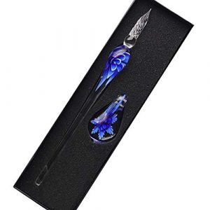 SIPLIV fait à la main en verre de cristal intarsia plume stylo plume kit calligraphie vintage stylo signatures avec un porte-stylo pour cadeau de Noël, bleu foncé (SIPLIV, neuf)