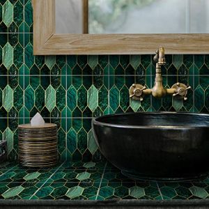 à décoller et recoller façon carrelage mosaïque pour carrelage mural et de sol, crédence, décoration d’intérieur, cuisine, salle de bains, 15 x 15 cm, autocollants mosaïques, couleur vert doré (Alwaysoph, neuf)