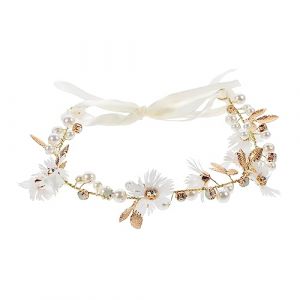 Healvian Bandeau Casque De Mariage Casque De Fée Décor De Cheveux En Strass Casque En Strass Cheveux De Mariage Couronne De Fleurs Casque De Perles Artificielles Guirlande Blanche Ruban (Le Sengyu, neuf)