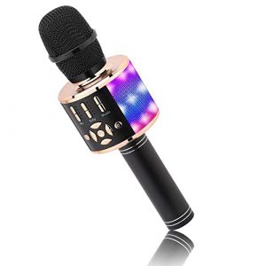 BONAOK Microphone Bluetooth sans Fil, Micro Enfants avec Lumi&egrave;res LED, Mini Machine Karaok&eacute; pour F&ecirc;te/Maison/Anniversaire, Compatible avec Bluetooth iOS Android (Or Noir) (DGMY Direct, neuf)