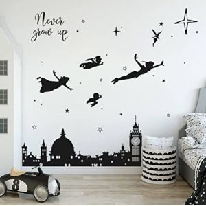 Runtoo Stickers Muraux Peter Pan Autocollant Mural Horizon Silhouette Noir Deco Stickers Chambre Enfants Fille Garçon Bébé Décoration (Decalplanet-EU, neuf)