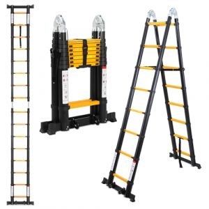 Lospitch Échelle télescopique en Aluminium, Pliable, échelle à rallonge 5 (2,5 + 2,5) M avec stabilisateur, échelle Pliante de Haute qualité et échelle en Aluminium Pliable, Noir Jaune (UAB LONAKA, neuf)