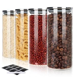FoiiLiio Bocaux Rangement Cuisine en Verre Hermétique Lot de 4 Bocal en verre avec Couvercle 950 ml, Inox, pour Pâtes, Céréales, Thé, Haricots, Cornflakes (AVOGERS, neuf)