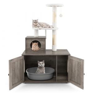 COSTWAY Arbre a Chat Litiere Intégrée, Tour pour Chats avec Cache-Litiere, 2 Plateformes, Grand Condo, Pompon, Poteaux à Griffer en Sisal, Meuble Litiere Chat en Bois (132 cm,Ivoire) (FDS GmbH, neuf)
