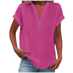 2025 Chemise Lin Femme Coton Et Lin Chemisier élégant à col en V Femme Manches Courtes Henley Chemisier Couleur Uni Tee Shirt été Haut Top Respirant T-Shirts Grande Taille Tunique Blouse Pas Cher (GMGM  (Économisez 50% sur 1 des 2 articles), neuf)