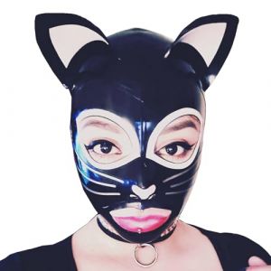 GREEFEI Cagoule en Latex T&ecirc;te de Chat pour Homme et Femme,Masque Capuche en Caoutchouc Fermeture &eacute;clair Dans Dos Fait Main L (GREEFEI Latex Rubber Clothing, neuf)