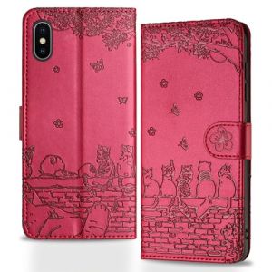 Butnyeoe Coque pour iPhone XS Rabat,Housse Pochette iPhone X Clapet,Portefeuille Etui avec Porte-Carte et Dragonne,Chats/Fleur PU Cuir/Antichoc Flip Folio Case.Rouge (Bartern, neuf)