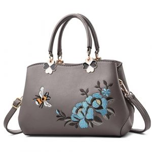 FOLOVEYA Femme Sac à Main Petit Broderie Fleurs Sac Fourre-Tout Sac à Bandoulière Sac Cabas Dames Cuir PU Sacs Porté Epaule pour Dating Travail Voyage Sac de Cours Gris A (GATE14 S.R.L, neuf)