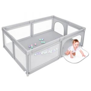Parc pour B&eacute;b&eacute; avec Tapis de Sol, 205 * 147 * 66cm, Taille Extra Large Parc Enfant avec Barri&egrave;res Tissu Oxford Ultra-Dense, Structure en Tube d'Acier (Gris clair) (qhtxzyh, neuf)