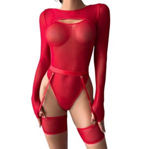 Aranmei Ensembles De Lingerie Pour Femmes 5 Pièces Sexy Dentelle Body Avec Cuisses Poignets Sous-Vêtements Teddy Nuisettes Avec Cuisse Jarretière Sans Bas Rouge M (Aranmei Direct, neuf)