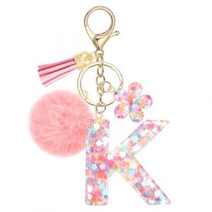 JSRQT Porte-clés Rose avec Initiale K pour Femmes Filles, Nom Porte-clés en Résine Lettres Alphabet à Paillettes et Fleurs, Pompons Pendentifs Bijou de Sac Keychain pour Sac à Main et Sac à Dos (JSRQT-JR, neuf)