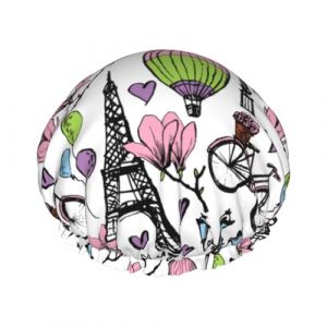 Bonnet de douche pour douche &ndash; Tour Eiffel r&eacute;tro rose double couche r&eacute;utilisable imperm&eacute;able grand bonnet de douche pour femme avec doublure en PEVA et corde &eacute;lastique (Vosery, neuf)