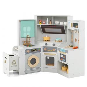 COSTWAY Cuisine Enfant d'angle avec Poubelle Coulissante, Lave-Linge & Lave-Vaisselle & Four, Cuisine en Bois Enfant avec Rideau, &Eacute;vier, Cuisini&egrave;res, Lumi&egrave;res et Sons, Accessoires pour 3+ Ans (Gris) (FDS GmbH, neuf)