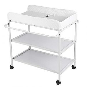 Table à Langer 2 en 1 à Roulette avec Baignoire, De la Naissance à 12 Mois, Charge Max 14 KG, Commode à Langer pour Bébé avec Ceinture de Sécurité et Rangement,84 * 72 * 90cm (blanc) (Hechheu, neuf)