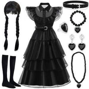 MWZEAUL Kit de Déguisement Halloween pour Filles, Noire Halloween Robe Family Fantaisie Costume avec Perruque, Déguisement Enfant pour Halloweens Carnaval Anniversaire Fête Cosplay, 9-10 Ans (Keszeghousehold, neuf)