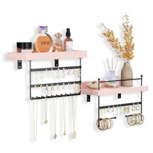 Lolalet Porte Bijoux Mural, Lot de 2, Organisateur Bijoux Suspendu, Porte Boucles d’Oreille Colliers Bracelets Bagues Parfum, Présentoir Bijoux Mural en Bois Naturel -Rose (Lolalet EU, neuf)