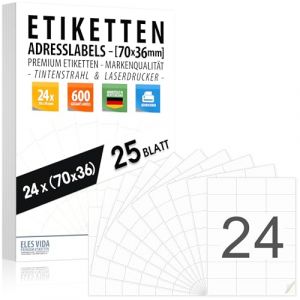 Lot de 70 x 36 étiquettes d'adresse autocollantes (24 par feuille DIN A4), étiquettes d'adresse imprimables avec imprimante à jet d'encre et laser, fabriquées en Allemagne (25 feuilles, 70 x 36 mm) (snowcommerce GmbH, neuf)