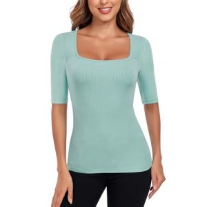 WOWENY T-Shirt &agrave; Manches Courtes c&ocirc;tel&eacute; pour Femme - Coupe ajust&eacute;e - Col carr&eacute; - Manches Courtes - Extensible - Chemisier d&eacute;contract&eacute;, Turquoise., S (EU Creative Fashion, neuf)