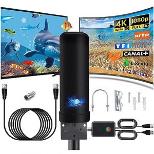 Antenne TV Extérieure Intérieur, IP66 Antenne TNT Réception du Signal à 360 Degrés avec Signal Amplificateur, Câble Coaxial de 13m et Protégé Contre la Foudre pour DVB-T TDT HDTV 1080P 4K DTMB VHF UHF (FanDengChenMaoYi, neuf)