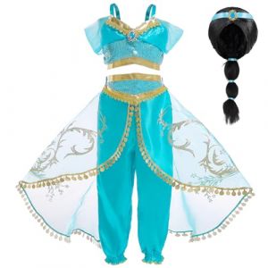 XFOZDM Deguisement Robe de Princesse Jasmine pour Enfant Fille, Aladdin Robe de Princesse Jasmine costume avec Accessoires pour Halloween Anniversaire Fêté Carnaval Cosplay Bleu 5-6 Ans Perruque 130 (senlinhuang, neuf)